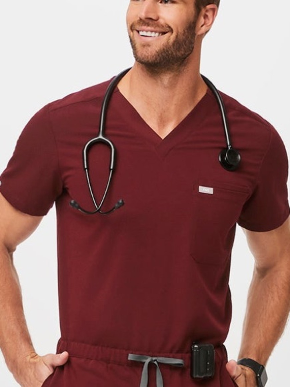 Men’s FIGS Leon Three-Pocket Scrub Top in Burgundy, Size XXL